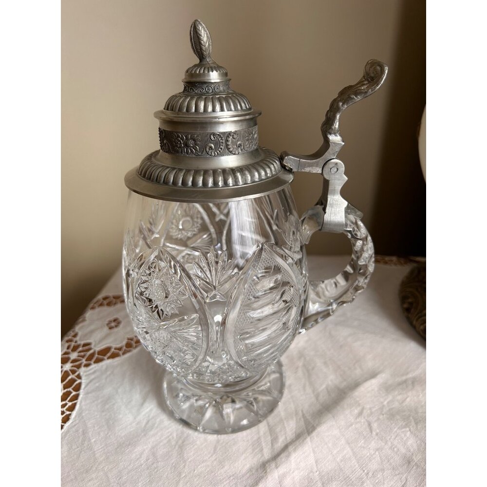 Vintage German Cut Crystal and Pewter Beer Stein Leaf Finial